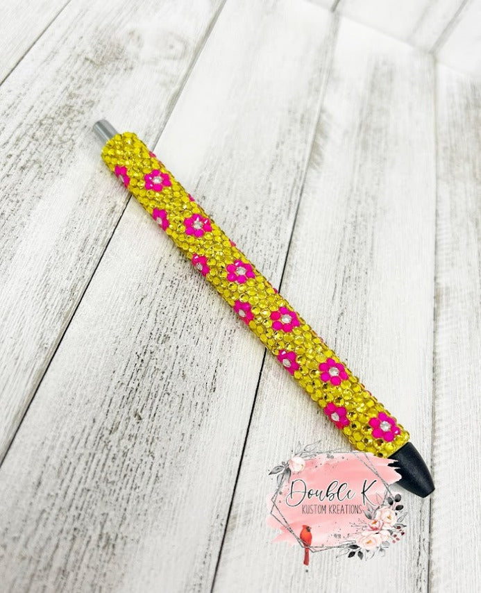 Hot Pink and Yellow Flowers Rhinestone Pens